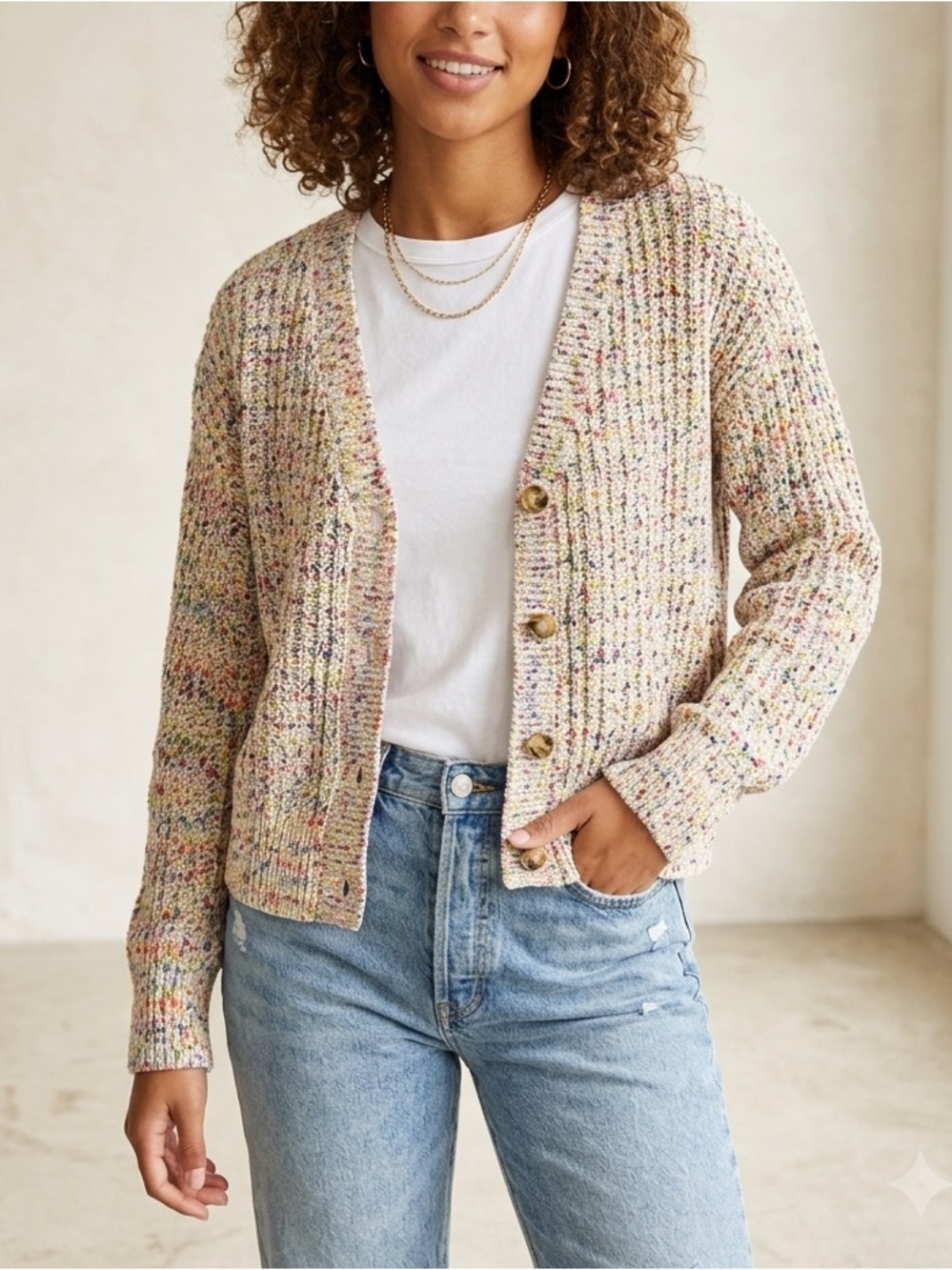 Maurices Rainbow Marl Popcorn Chenille Cream Cárdigan Button Down Size Small